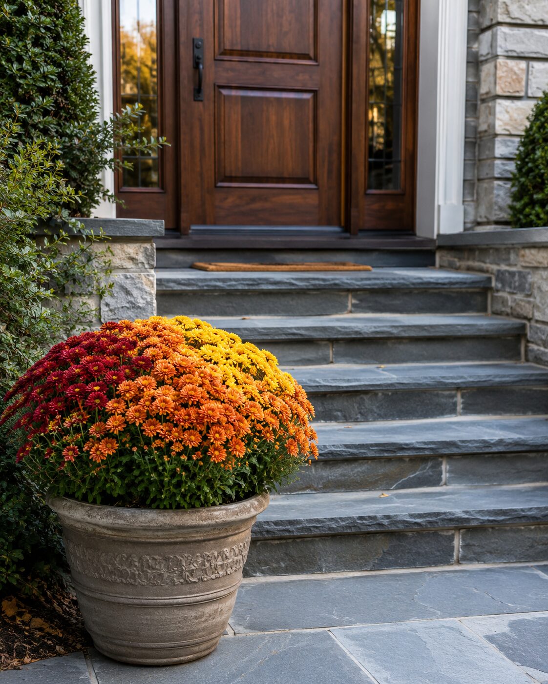 Seasonal mums planted at a front entrance